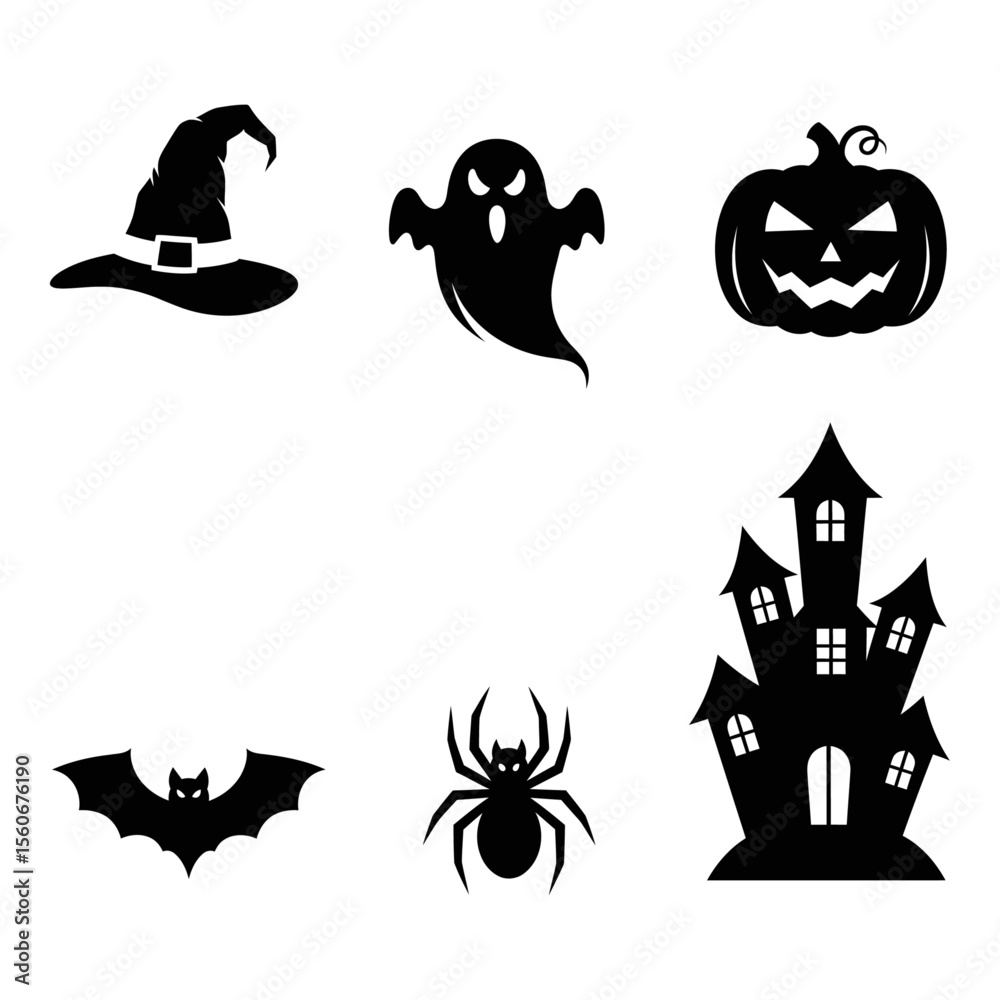 Fototapeta premium Halloween Silhouette Icons Set – Witch Hat, Ghost, Jack-o’-Lantern, Bat, Spider, Haunted House Symbols