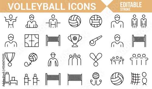 Collection of volleyball icons, including players, nets, courts, and victory symbols.