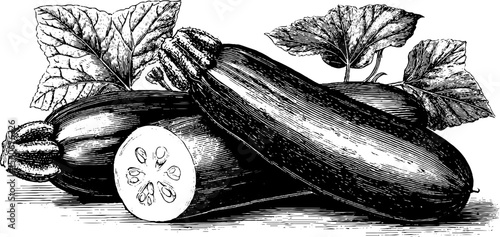 Vintage cucumber and zucchini sketch for retro design projects
