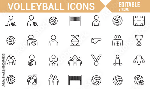Volleyball action symbols and equipment icons for sports design and tournament illustrations.