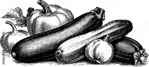 Vintage hand drawn cucumber and zucchini sketch for retro kitchen decor