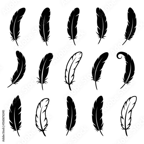 Black Feather Silhouettes Set – Various Feather Shapes and Styles Vector Icons