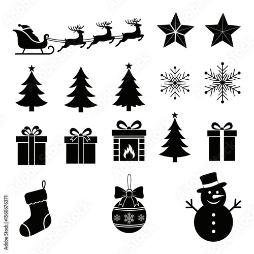Christmas Icons Set – Santa Sleigh, Reindeer, Stars, Christmas Trees, Snowflakes, Gifts, Fireplace, Stocking, Ornament, Snowman Silhouettes