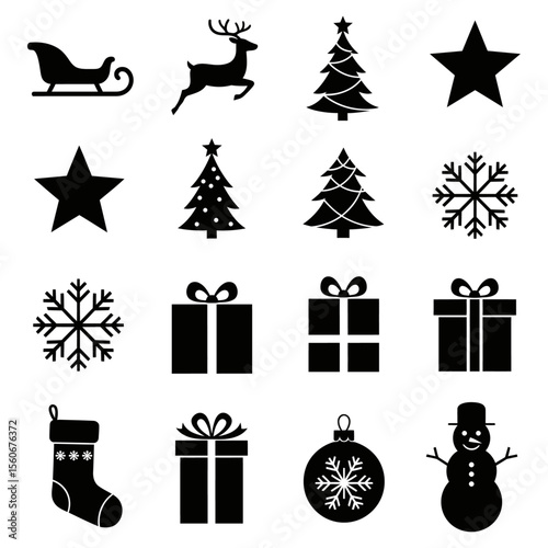 Christmas Silhouette Icons Set – Sleigh, Reindeer, Stars, Christmas Trees, Snowflakes, Gifts, Stocking, Ornament, Snowman