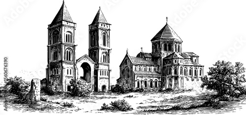 Mysterious gothic cathedral and bell tower silhouettes for vintage design