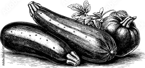 Highly detailed vintage sketch of cucumber and zucchini with leaves for garden design