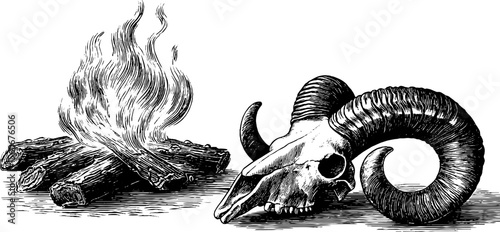 Demonic horned skull and burning sigil engraving - concept art for mystical themes