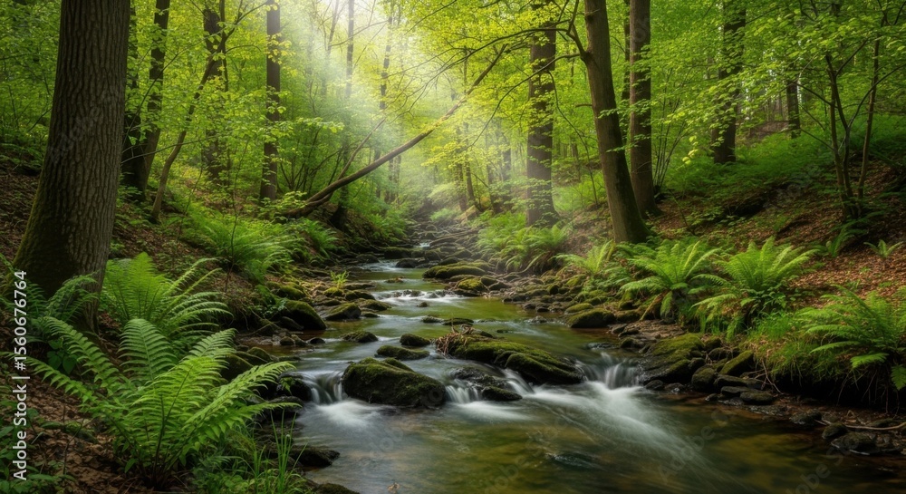 Obraz premium Sunlight Filters Through Lush Forest Trees Onto a Flowing Stream and Ferns