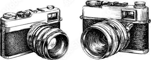Vintage disposable camera and printed photo engraving - retro design for print and art projects