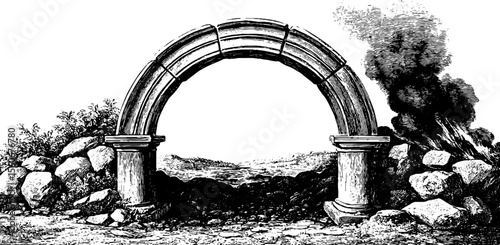 Vintage draconic archway with scorched stone in hand drawn sketch for fantasy design