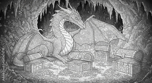 Dragon Guardian of Treasure A Monochrome Cave Illustration