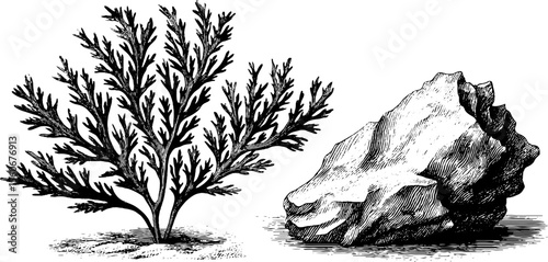 Vintage coastal nature: detailed engraving of dried seaweed and tidal rock for retro design