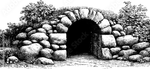 Dwarven vault door with rune engraved lintel in vintage sketch style for fantasy concepts