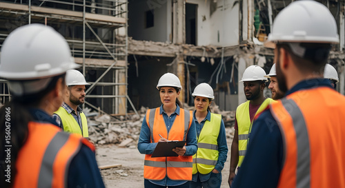 Construction Site Female Supervisor Leading Team of Workers in Safety Helmets and Vests
