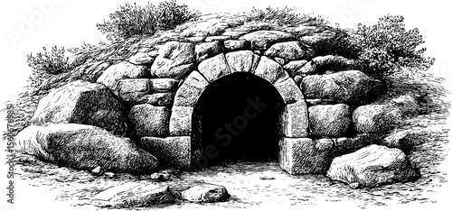Ancient dwarven vault entrance with rune-inscribed lintel in vintage style engraving