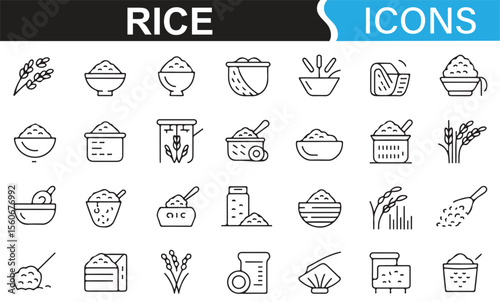 Line art icons of rice, cooking tools, and meal preparation for culinary or agricultural use.