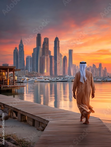 Dubai skyline at sunset, Downtown, UAE, United Arab Emirates, Sunset, Travel & Tourists, Arabic Country Nature, beach view, Abu Dhabi, Arabic men walking
