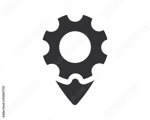 Gear pin icon. Symbol for location of machinery, industrial processes, or engineering services. Clean and modern. Ideal for web, apps and print.