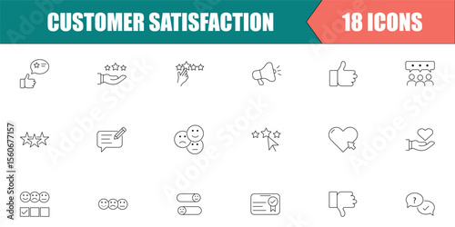 Customer Satisfaction Line Icons – 18 Minimalist Vector Symbols Including Feedback, Star Rating, Like, Dislike, Review, Testimonial, Customer Experience & Client Support – Editable Stroke Web & App Ic