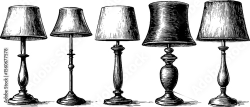 Vintage floor lamps with fabric lampshades - retro home lighting silhouettes for interior design
