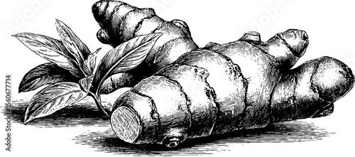 Highly detailed ginger and turmeric root sketch for herbal design and culinary art