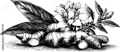 Detailed botanical illustration of ginger and turmeric roots for herbal design
