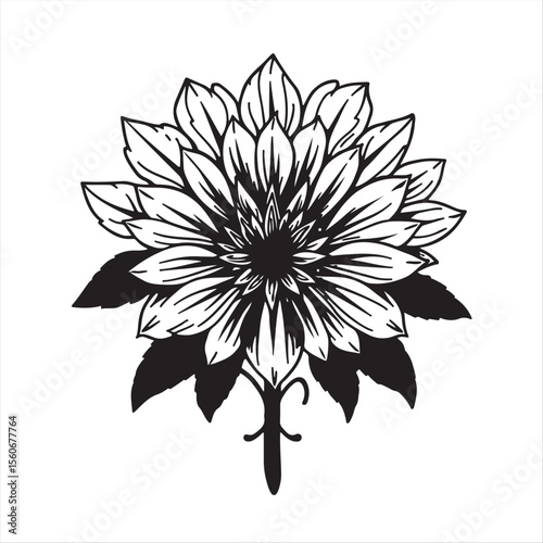 Elegant and timeless print of a complex, ornamental New England aster silhouette.  Rendered in vibrant colors and a retro flair, the vector style illustration evokes a traditional tattoo 