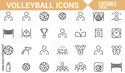  A collection of volleyball-related icons, showcasing symbols for players, volleyballs, nets, courts, and game actions, perfect for illustrating volleyball sports and tournaments.