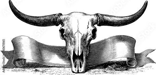 Vintage horned skull with scorched banner design for retro print or card