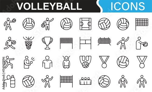 Volleyball game icons representing teams, players, volleyballs, and sporting achievements.
