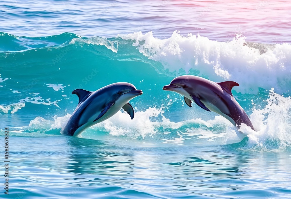 Fototapeta premium Two dolphins playfully chase and leap in ocean waves, wildlife photography, splash