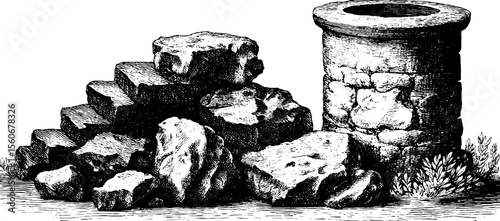 Vintage chimney and molten stone scene for retro design and decoration