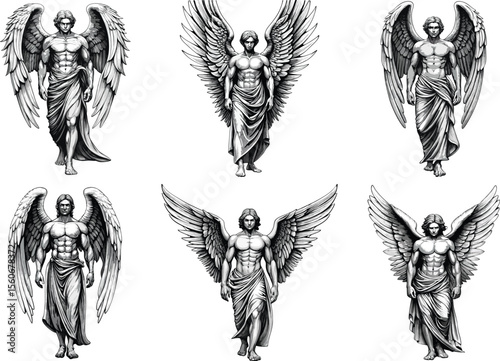Powerful male angels with large feathered wings and draped clothing
