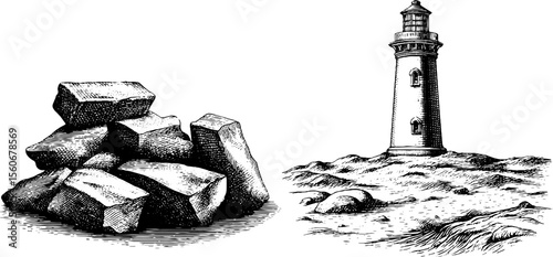 Vintage sketch of lighthouse ruins and weathered bricks for retro design