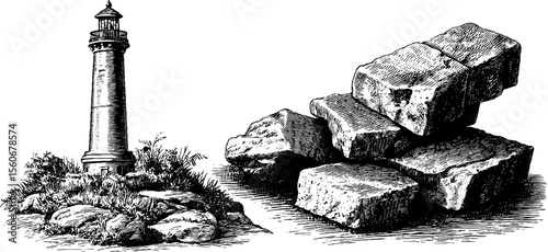 Vintage lighthouse and salt-worn bricks illustration for nautical-themed design