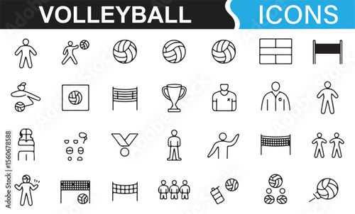 Minimalist volleyball symbols, showing action shots, medals, and team activities.