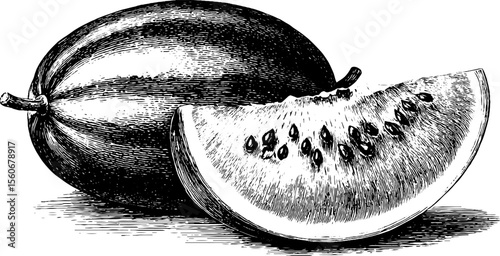 Vintage melon and watermelon slice engraving for retro design