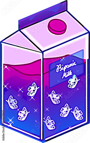 A whimsical Halloween milk carton in blue and pink tones, featuring floating butterflies inside – ideal for fantasy, seasonal packaging, or children's illustration themes