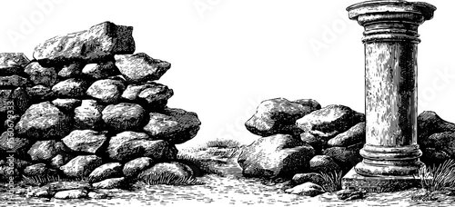 Ruined stone wall and broken column in mossy landscape - vintage hand drawn scene for historical design