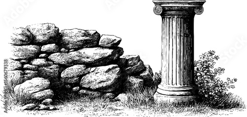 Vintage illustration of mossy ruin wall and broken column for historical design
