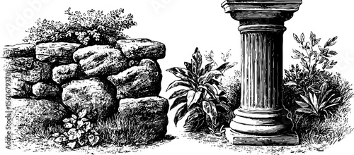 Mossy ruins with ancient broken column and lush foliage design for retro decoration