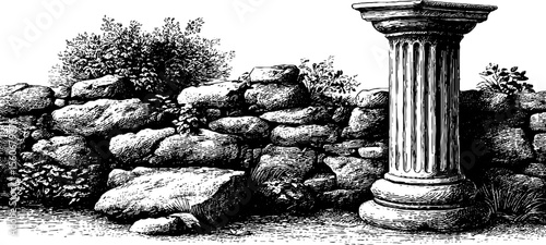 Ancient mossy ruins with crumbling wall and broken column for retro design