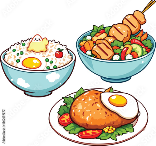 Japanese-Inspired Meal Set – Vector Illustration of Rice Bowl with Egg, Grilled Meat Salad, and Breaded Cutlet with Fried Egg