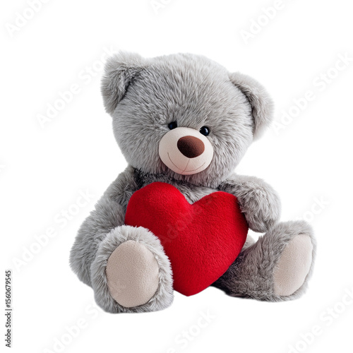 Cute adorable teddy bear holding a red valentine heart on a transparent white background PNG best present for girl