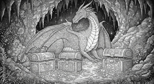 Majestic Dragon Guarding Treasure in Crystal Cave Illustration