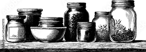 Vintage pantry shelf with glass jars and herbs sketch for kitchen decor