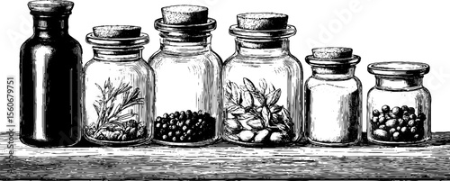 Vintage kitchen pantry shelf with glass jars of spices hand drawn engraving for retro culinary design