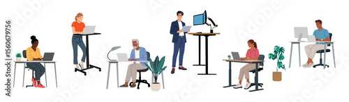 Vector set of diverse people in smart casual outfits working with laptop, computer, or tablet, standing or sitting at desks. Ideal for business, teamwork, and coworking illustrations	