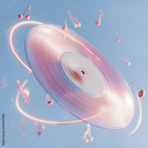 Surreal Pastel Vinyl Record with Floating Musical Notes in Retro Futuristic Scene