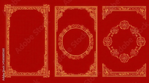 Chinese borders. Gold on red asian new year decorative traditional frames, oriental line vintage japanese pattern for image frame set, no logos, no brands